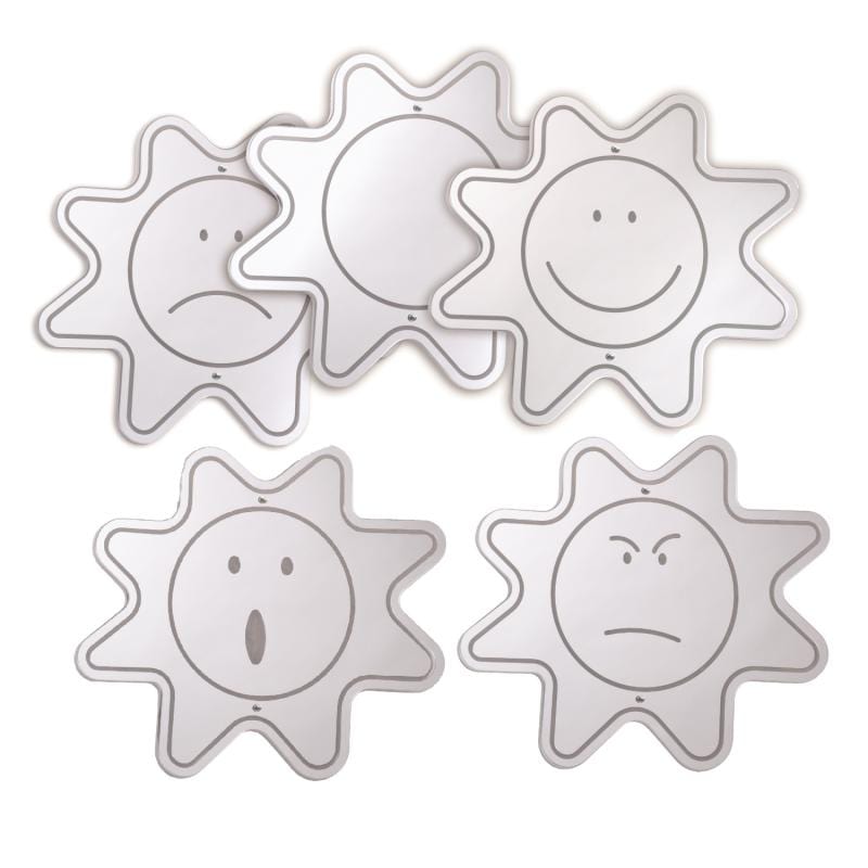 image of five mirrors, all in the shape of a star with a circle in the middle.  In the center circle, one has a happy face, one has a sad face, one has a surprised face, one has an angry face and one is a blank circle.